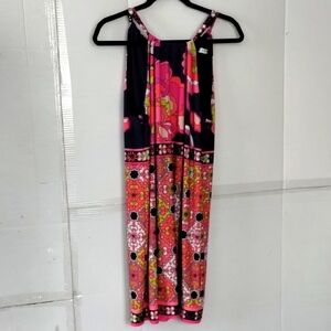 Trina Turk Floral Pink N. Blue Slip On Dress SZ 8 Colorful Beachy Coastal Chic